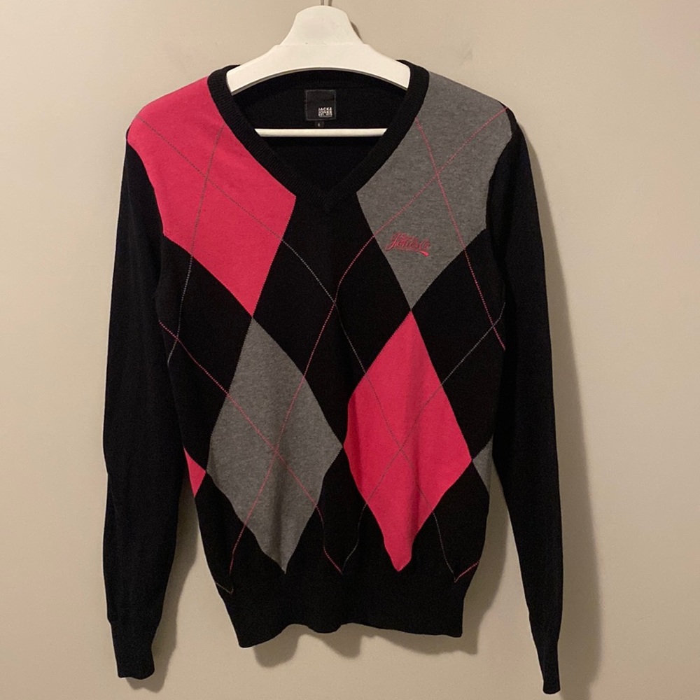 Jack & Jones Black and Pink Argyle Cotton Knit Pack